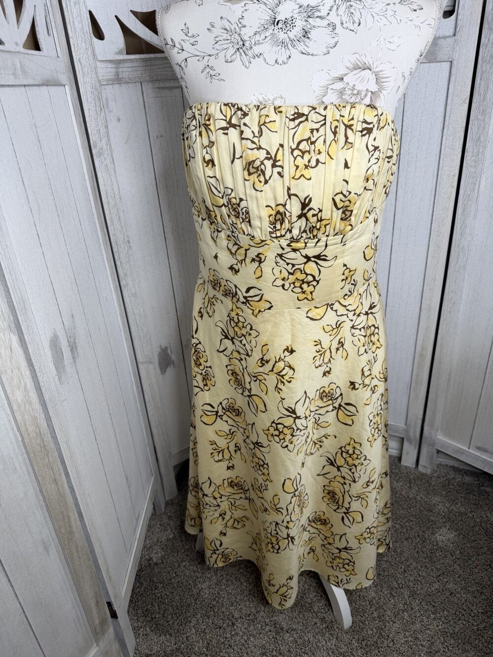 Y2K Ann Taylor LOFT Dress Strapless Yellow Floral Fit Flare Fairycore Size 12